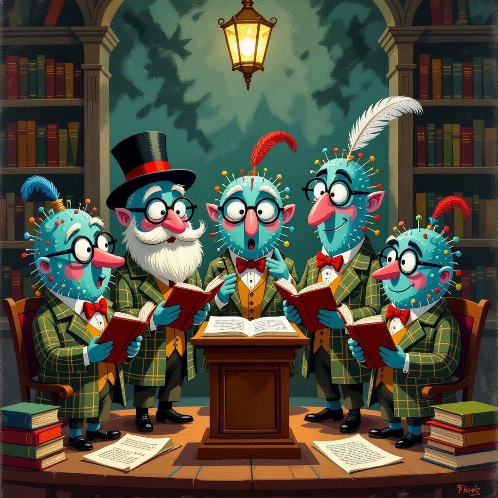 Microbe Critics in a Library, Modernist Style