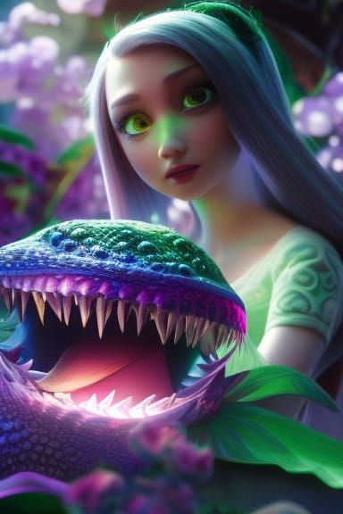 Girl Hugs Dragon in Iridescent Flower Garden