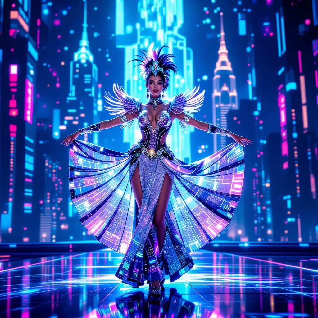 Futuristic Showgirl Performing with Bioluminescent Lights