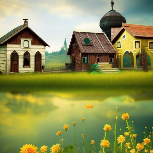 A picturesque steampunk countryside village with Delightful Farmhouses in Nature's Abode:: Synesthesia style; beautiful ...