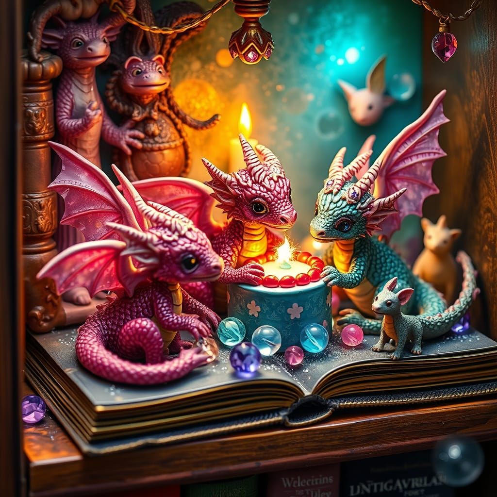 Whimsical Miniature World on a Bookshelf at a Dragon's Birth...