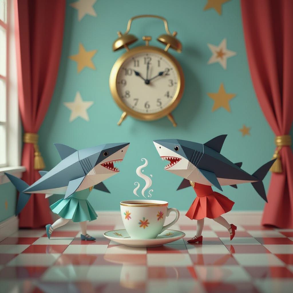 Surreal Castle Scene with Shark Waterfalls and Origami