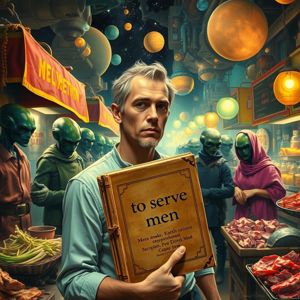 Cosmic Market Scene with Cookbook, in Oil Painting Style