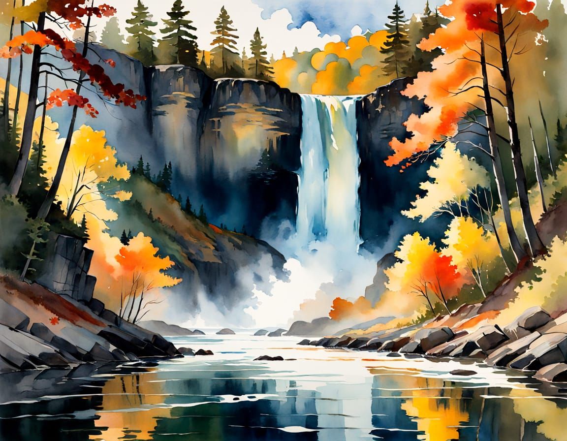 Fiery Autumn Forest Reflection on Waterfall in Watercolor