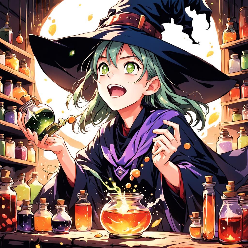 Excited Witch Making Potion in Anime Style