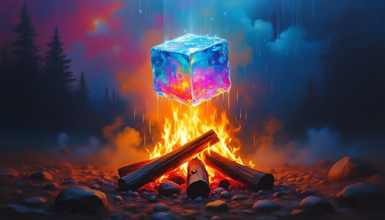 Psychedelic Ice Cubes Rain on Campfire in Surreal Art