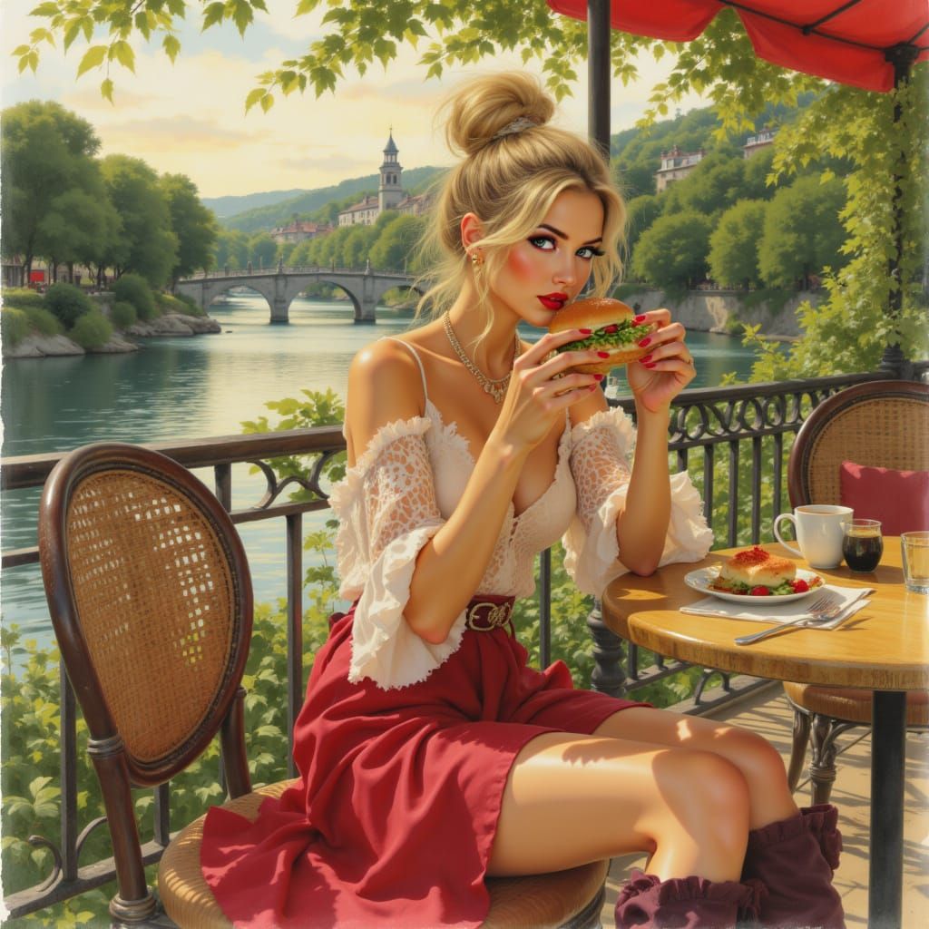 Elegant Woman Enjoys Hamburger on Terrace Bar in Painterly S...