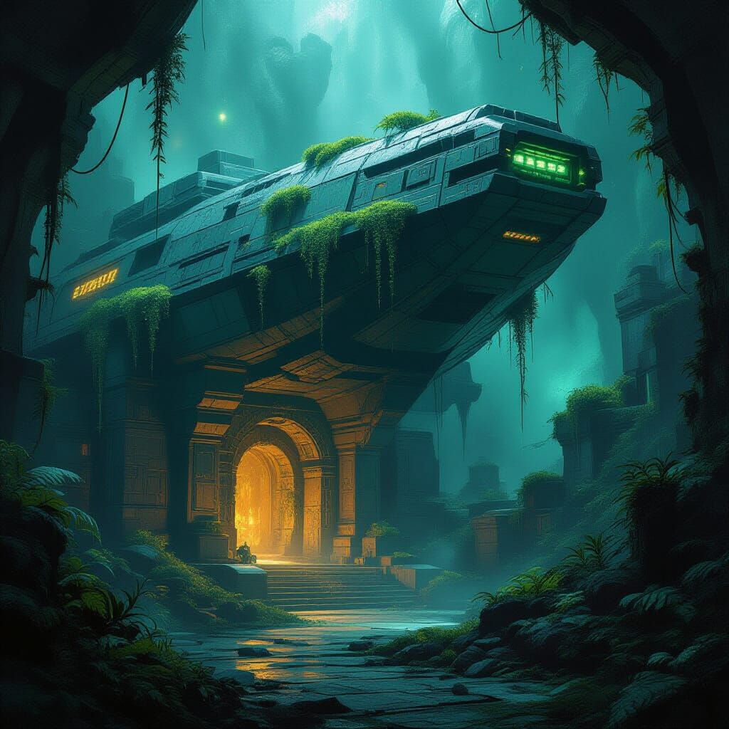 Hidden Alien Temple in Bioluminescent Spaceship