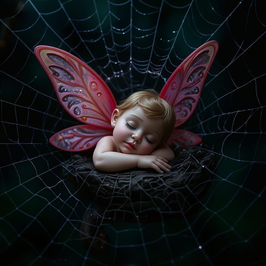 Hyperrealistic Fairy Sleeping in Opalescent Cobweb