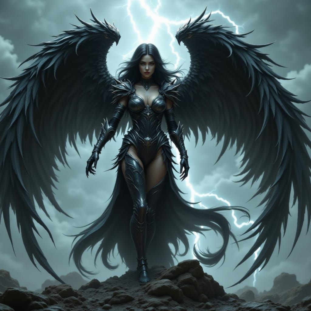 Fierce Dark Angel with Black Wings in Dark Fantasy Style