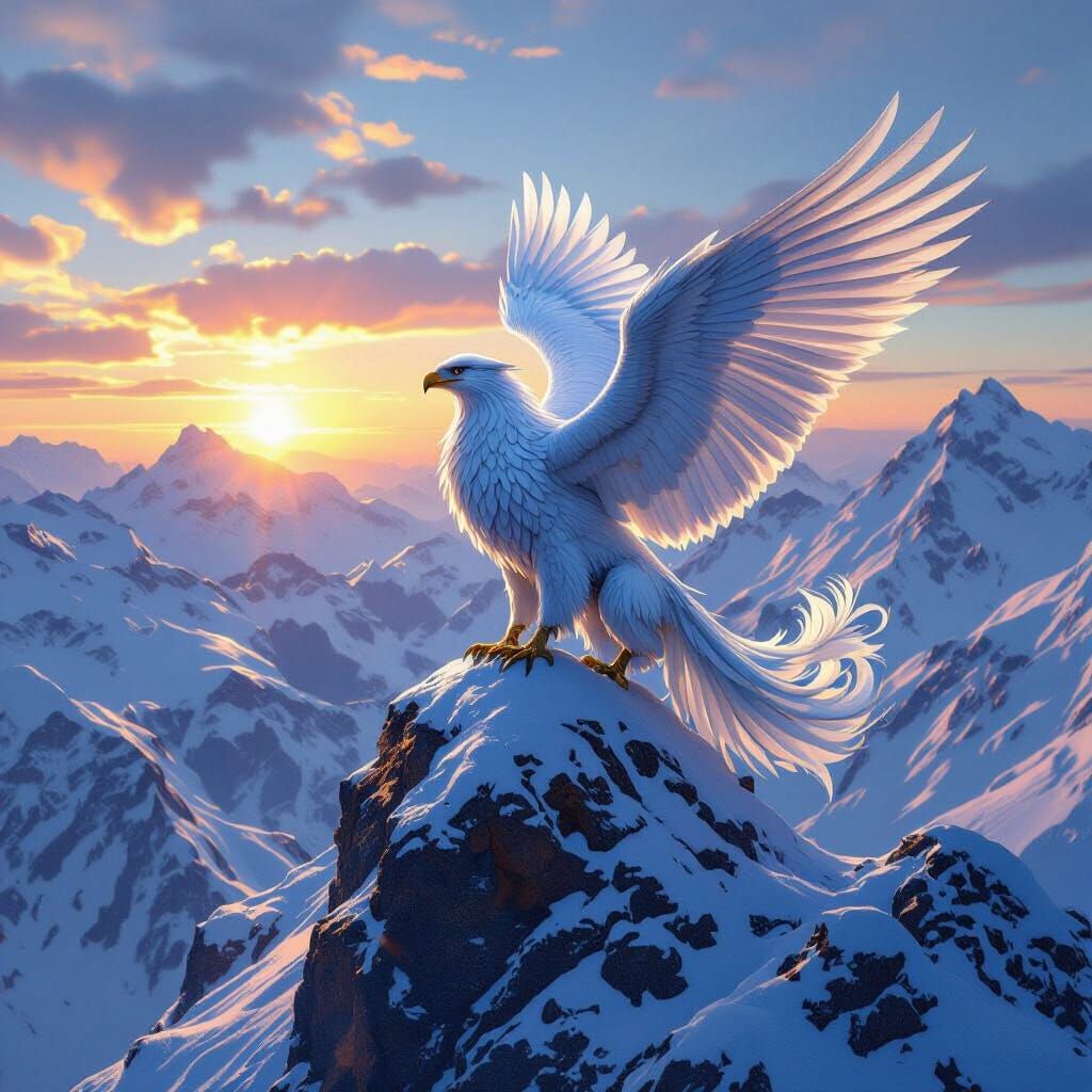 Griffin on Snow-Capped Peak in Hyperrealistic Style