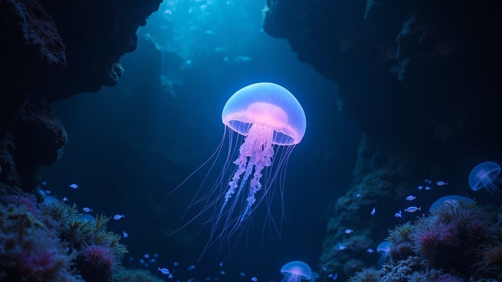 Bioluminescent Jellyfish in Ghibli-Inspired Underwater Cave