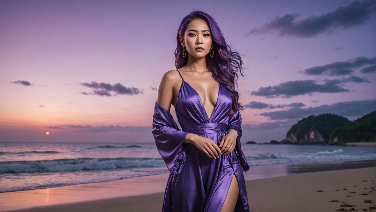 Beautiful Asian Woman with Purple Hair on Twilight Beach