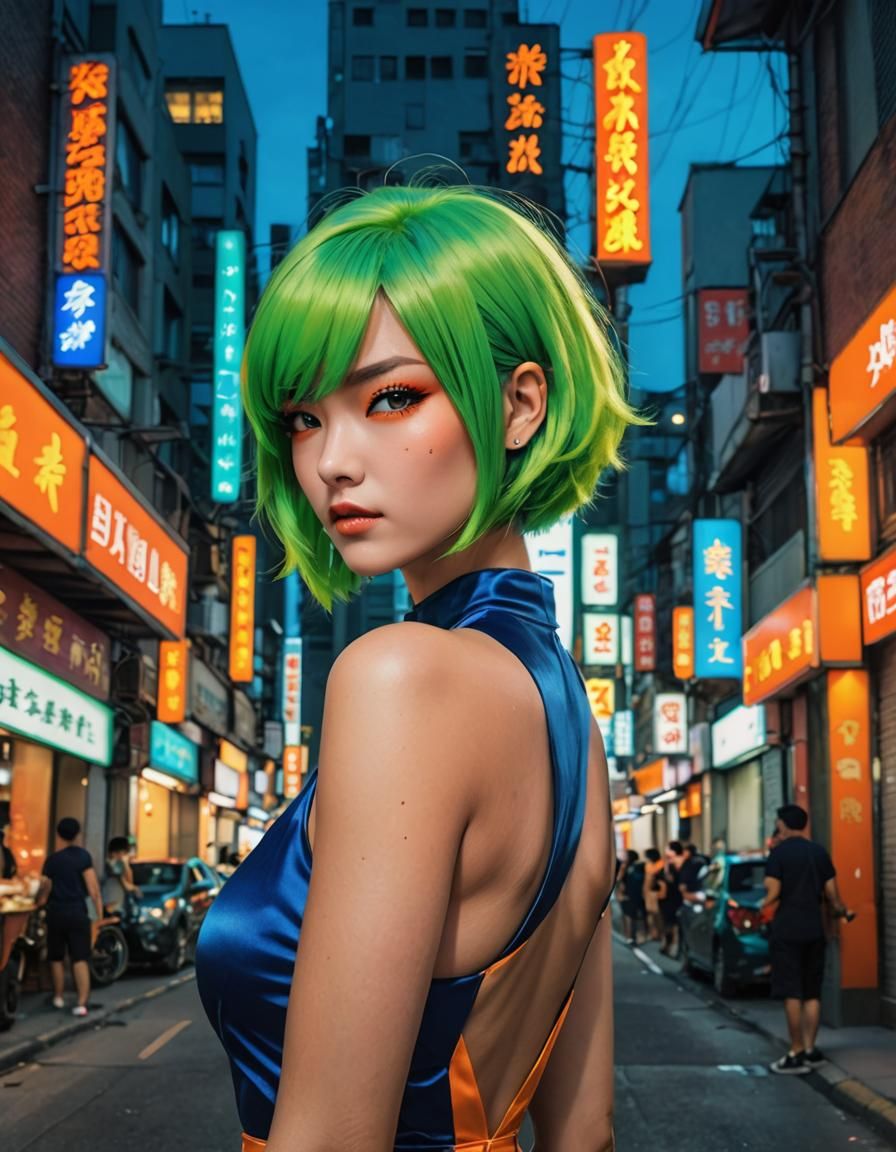 Anime Woman with Neon Hair in Street Fighter Style