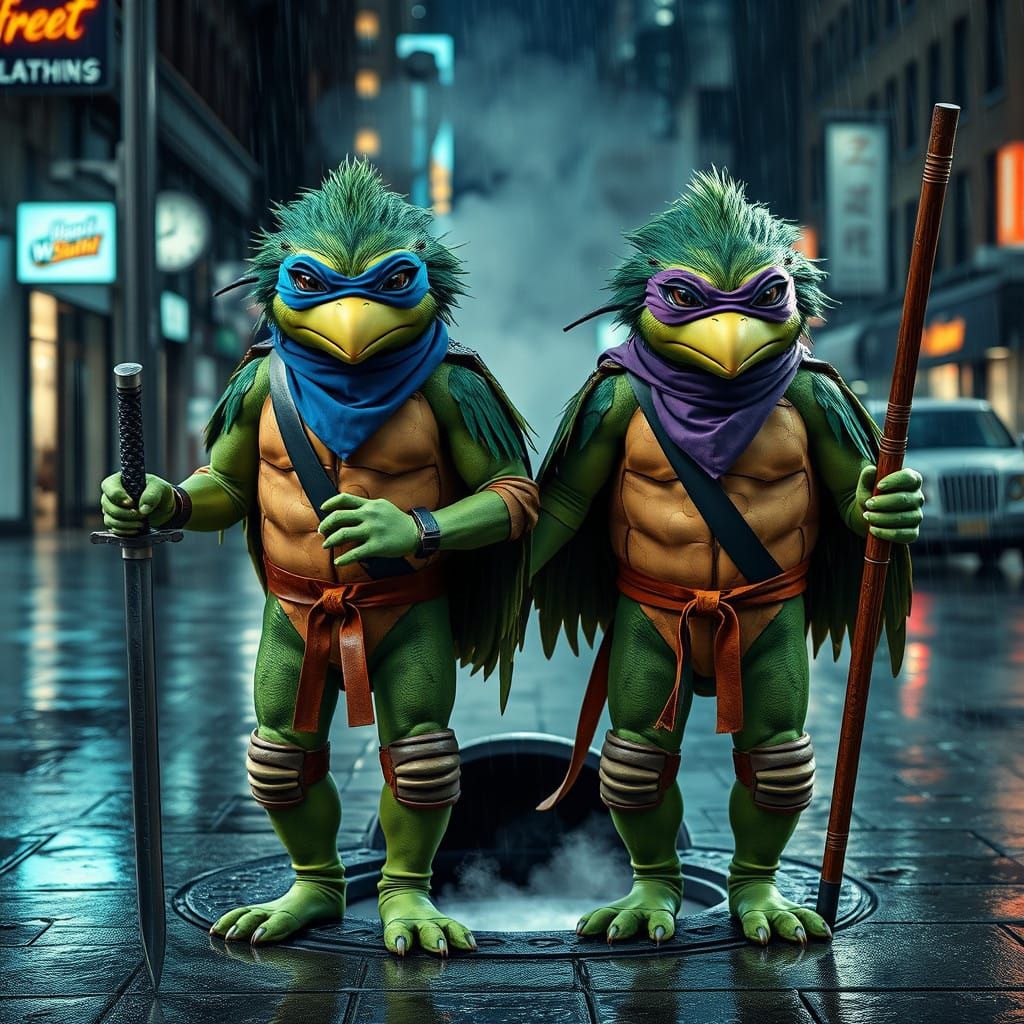 Bird-Turtle Ninja hybrids, Surreal NYC Street Scene