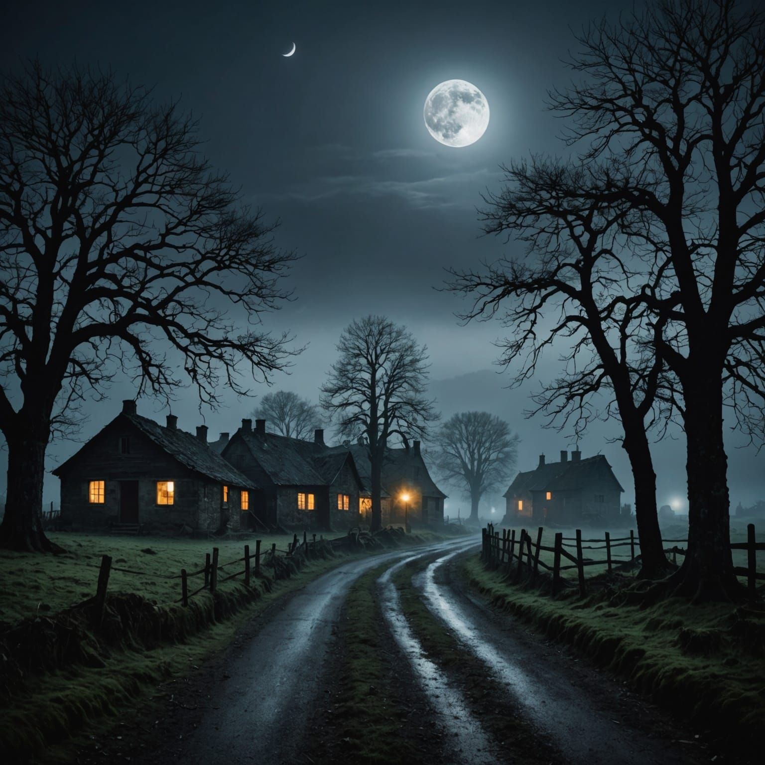 Eerie Village Under a Bright Moon