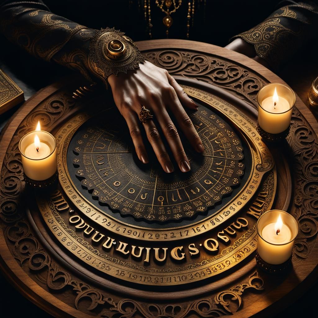 Mysterious Hands Hovering Over Ornate Ouija Board