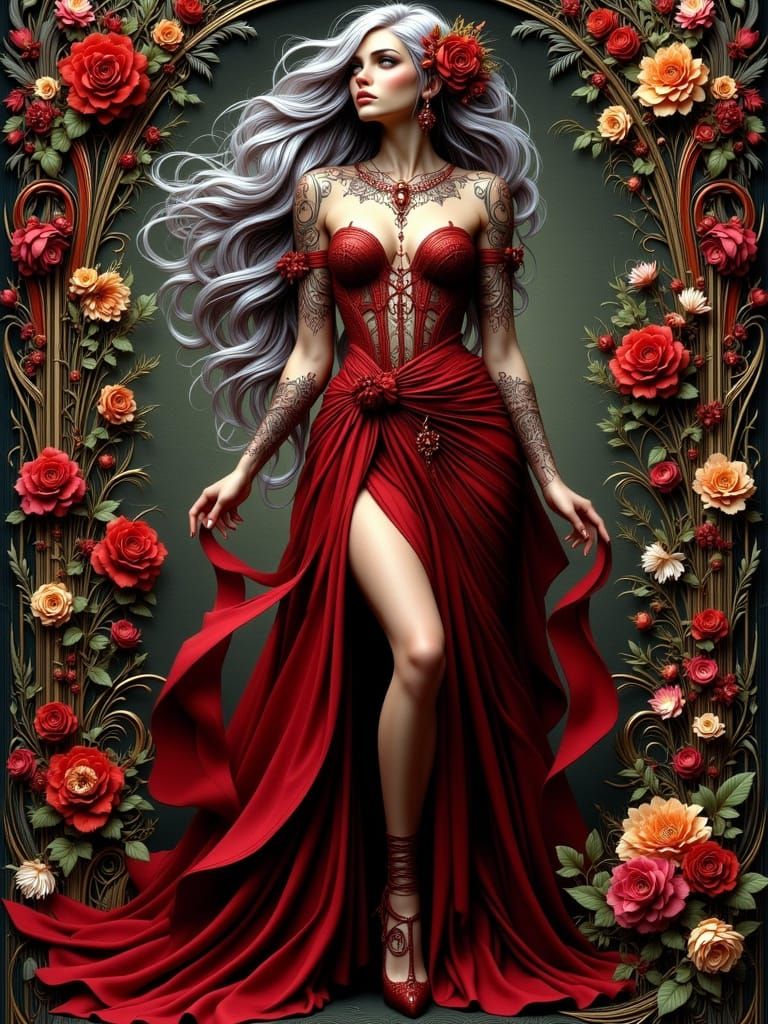 Art Nouveau Woman in Crimson Dress with Flower Tattoos