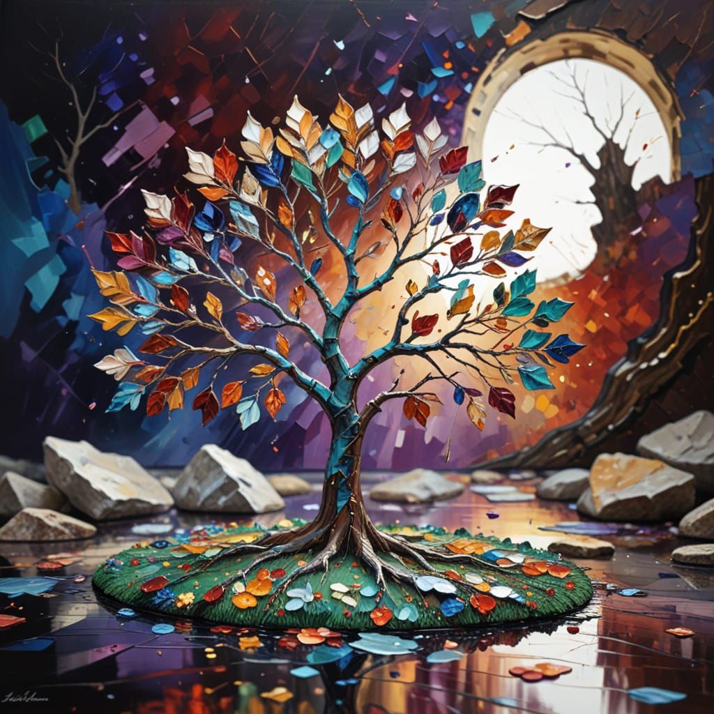 (tree:1.5), Leonid Afremov and Gerrit van Honthorst, silver dominant, hues of ochre, carmine, Malachite, Opal, Azurite, ...