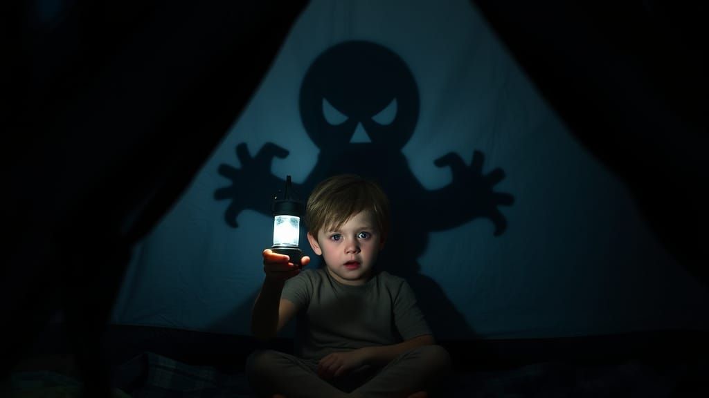 Scared Child in Tent with Monster Shadow