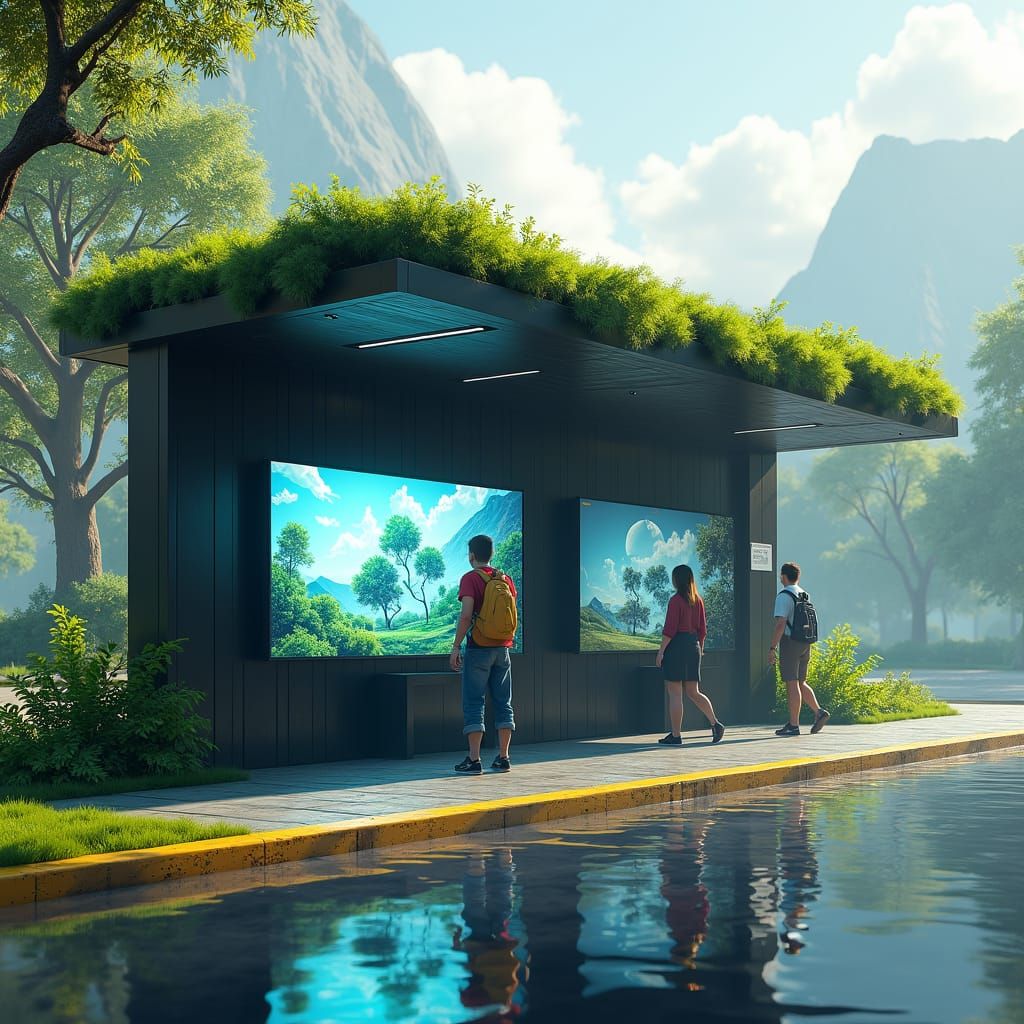 Futuristic Bus Stop with Green Roof: Digital Art
