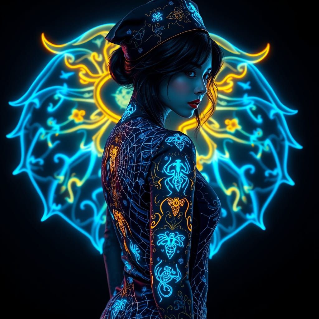 Mysterious Goth Nurse in Azure Spider Web Scrubs with Biolum...