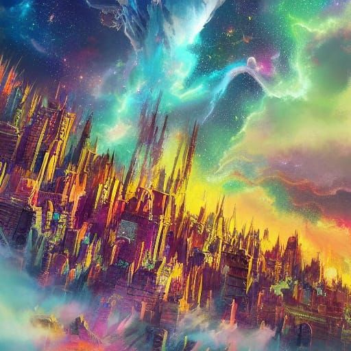 Majestic Deity Above Apocalyptic Cityscape in Cosmic Splash ...