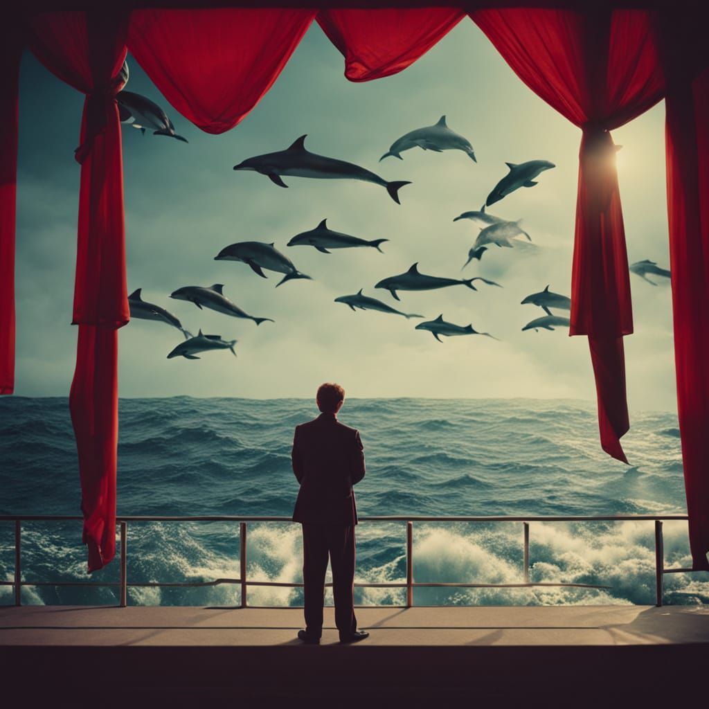 Person Unveils Dolphin Ocean Behind Red Curtain