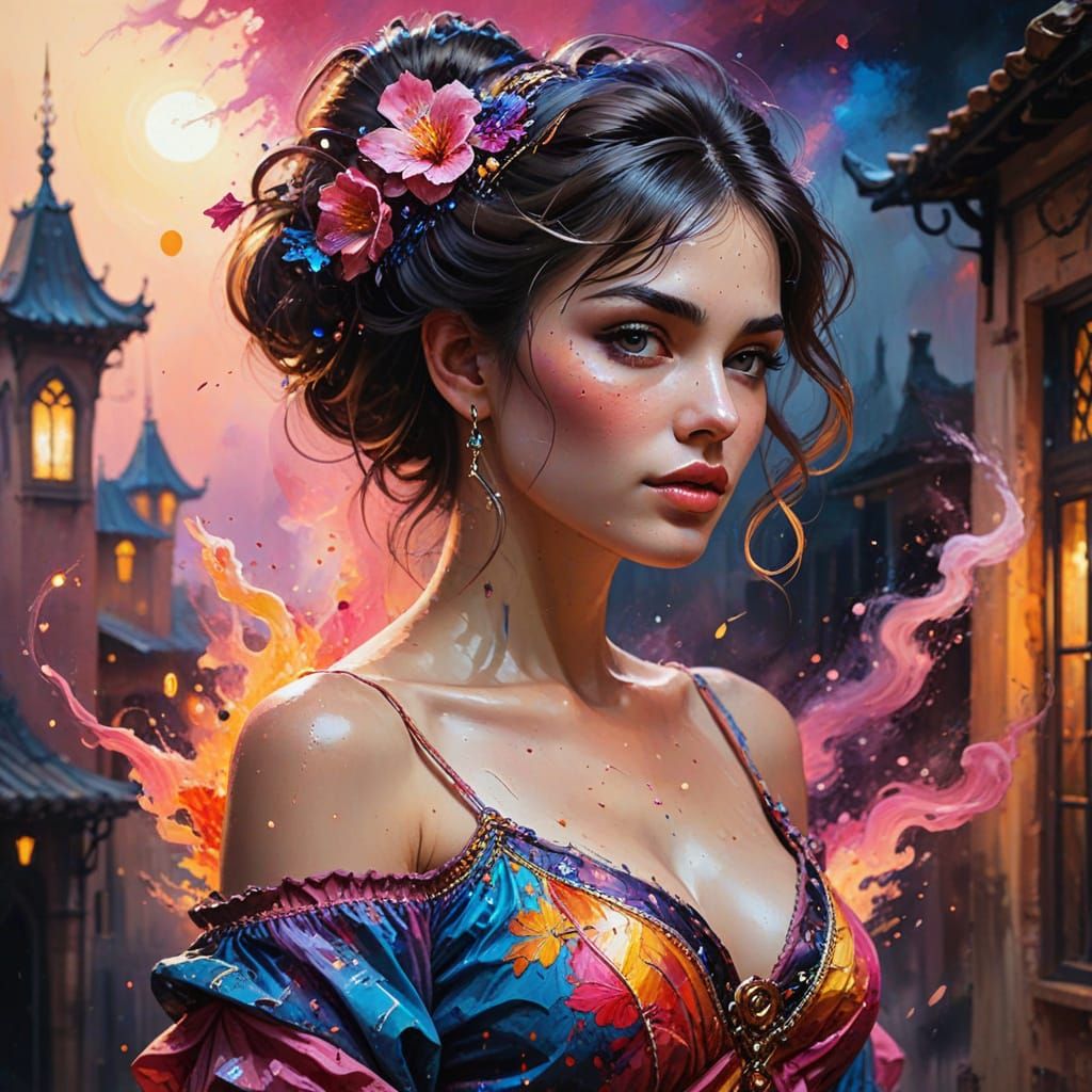 Dramatic Watercolor Portrait of a Flirty Genie