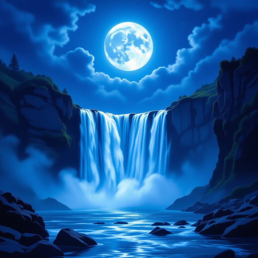 Majestic Moonlight Waterfall in Cool Blue Glow