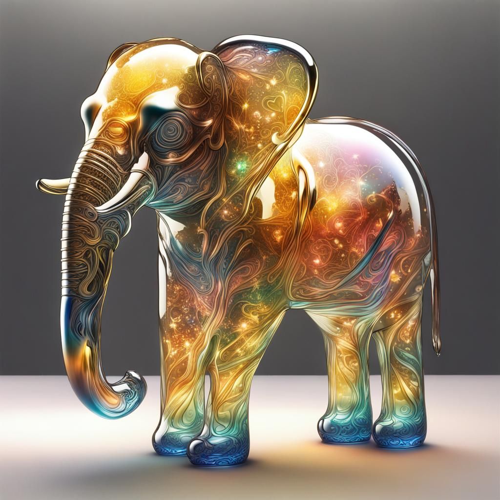 Glass Elephant with Golden Baby, Photorealistic