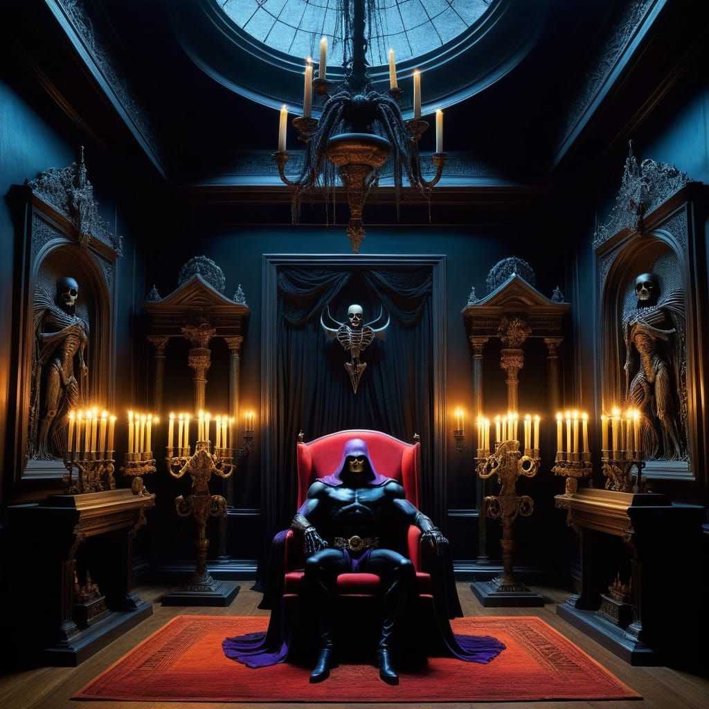 Skeletor Watches a Flick in Dark, Gothic Lair