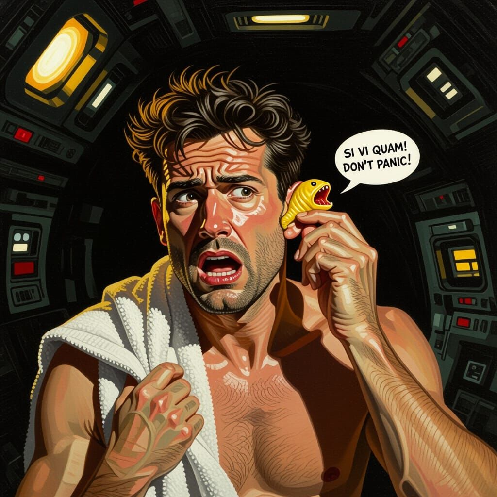 Man Frustratedly Inserts Babelfish into Ear on Spaceship