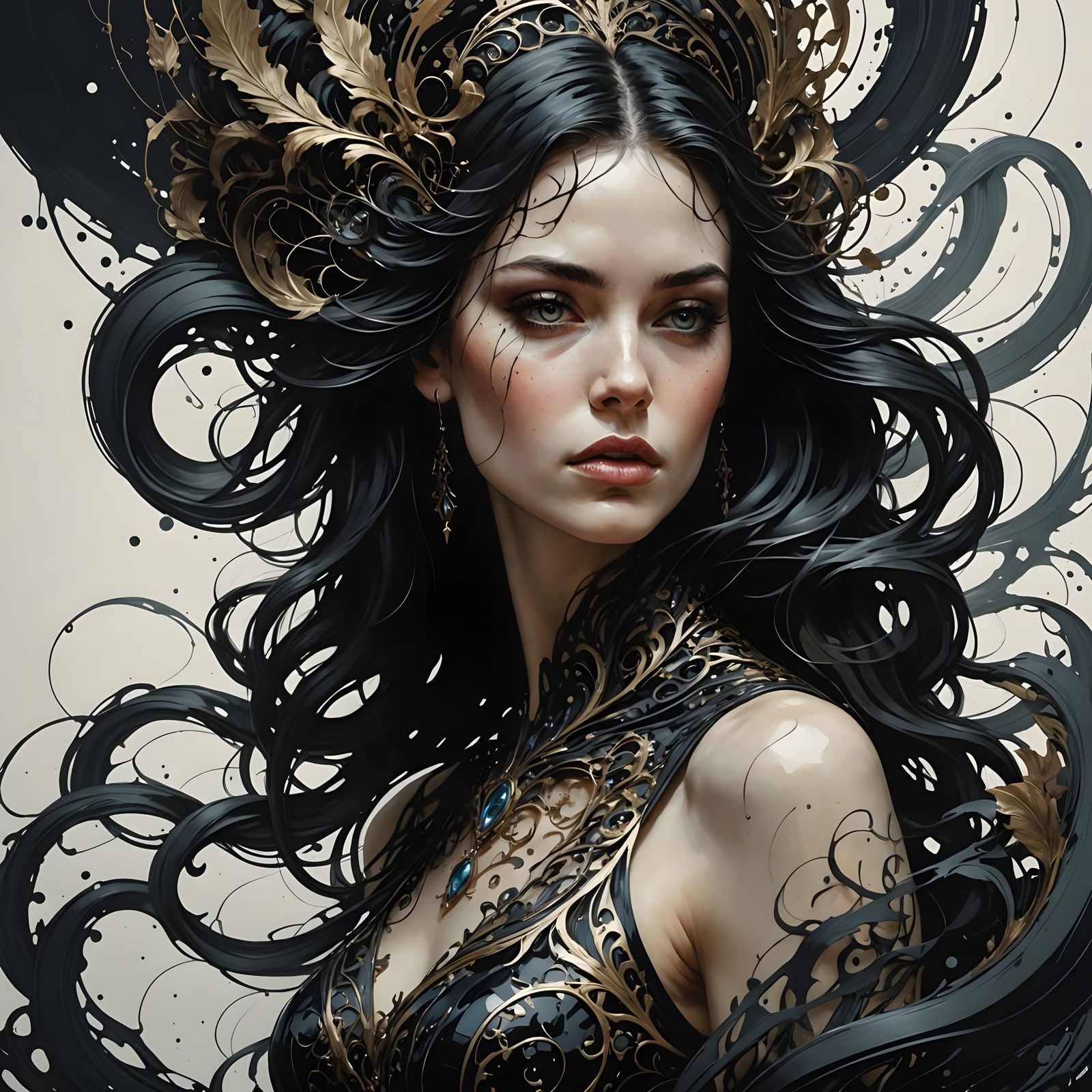 Stunning Woman in Black Ink Flow, Photorealistic