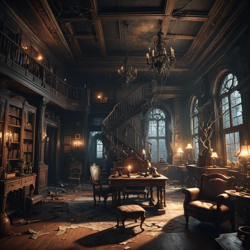 Eerie Interior of a Ghostly Mansion in Dark Fantasy Style
