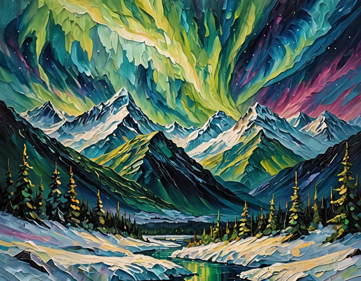 Aurora Borealis Impasto Painting Over Mountains