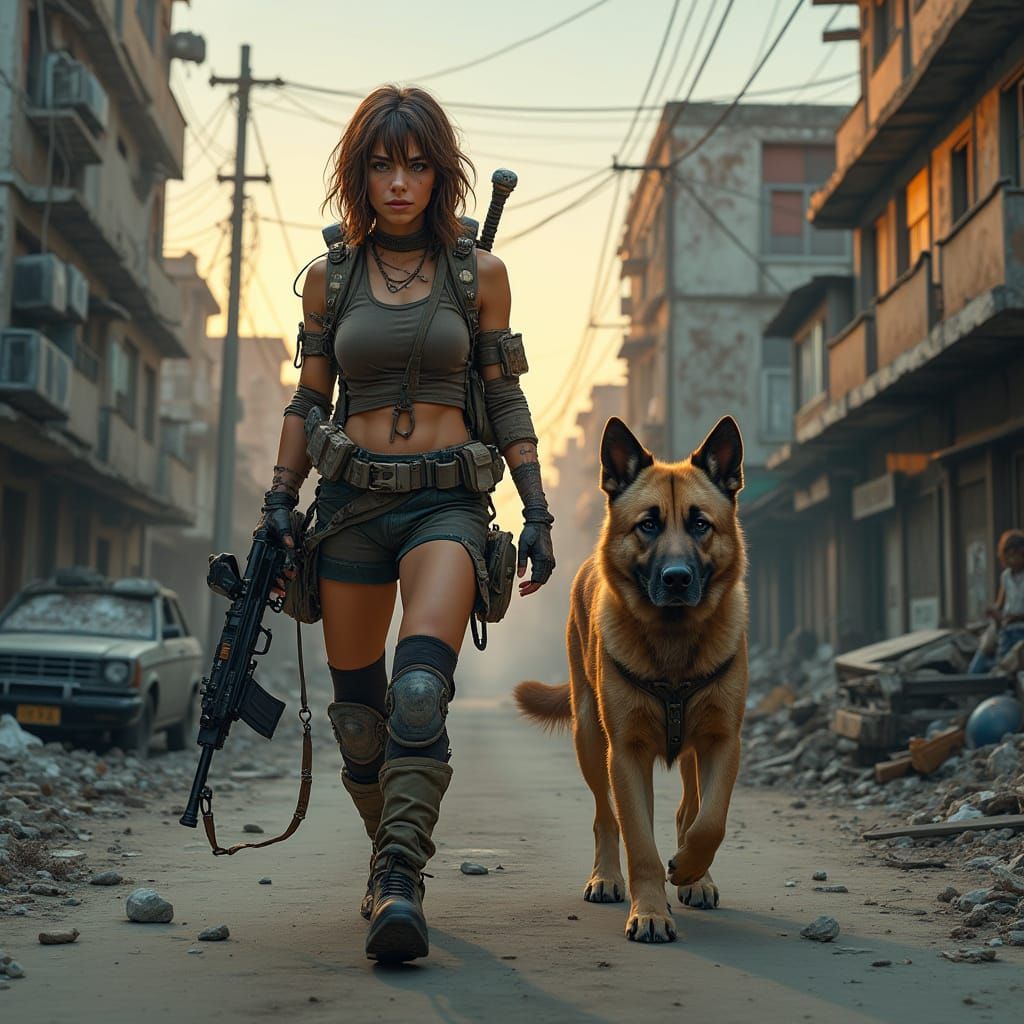 Post-Apocalyptic Woman and Dog in Ruined City