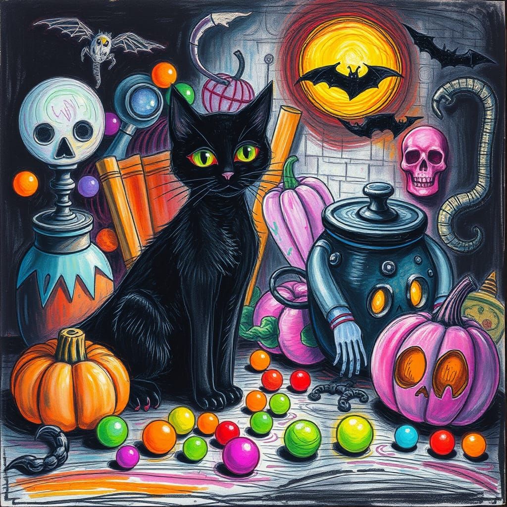 Halloween Black Cat in Surreal Crayon Drawing Style