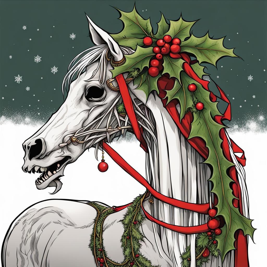 Mari Lwyd: Welsh Skeletal Horse in Gothic Comic Style