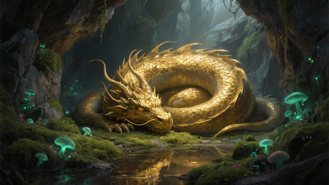 Enormous Gold Dragon Sleeping in Ancient Cave