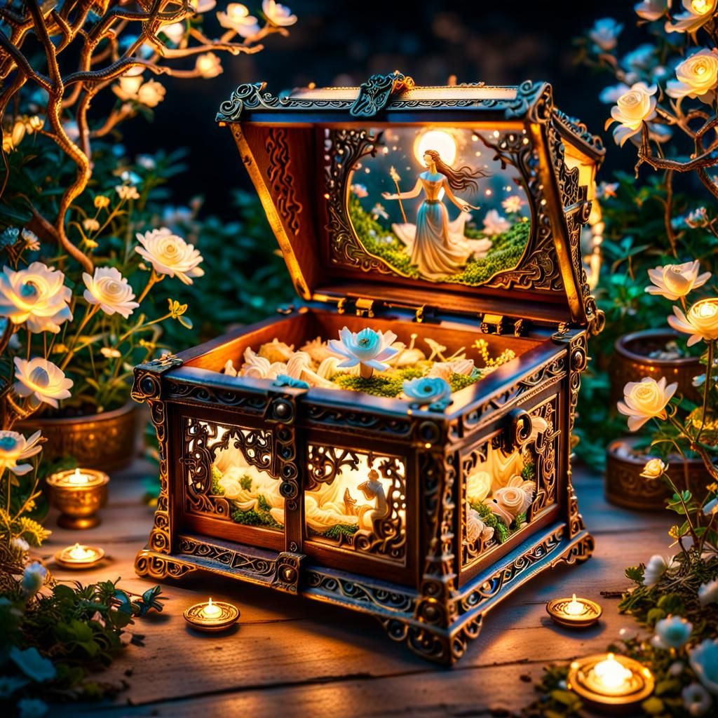 Intricate Treasure Chest Scene with Goddesses of Fate