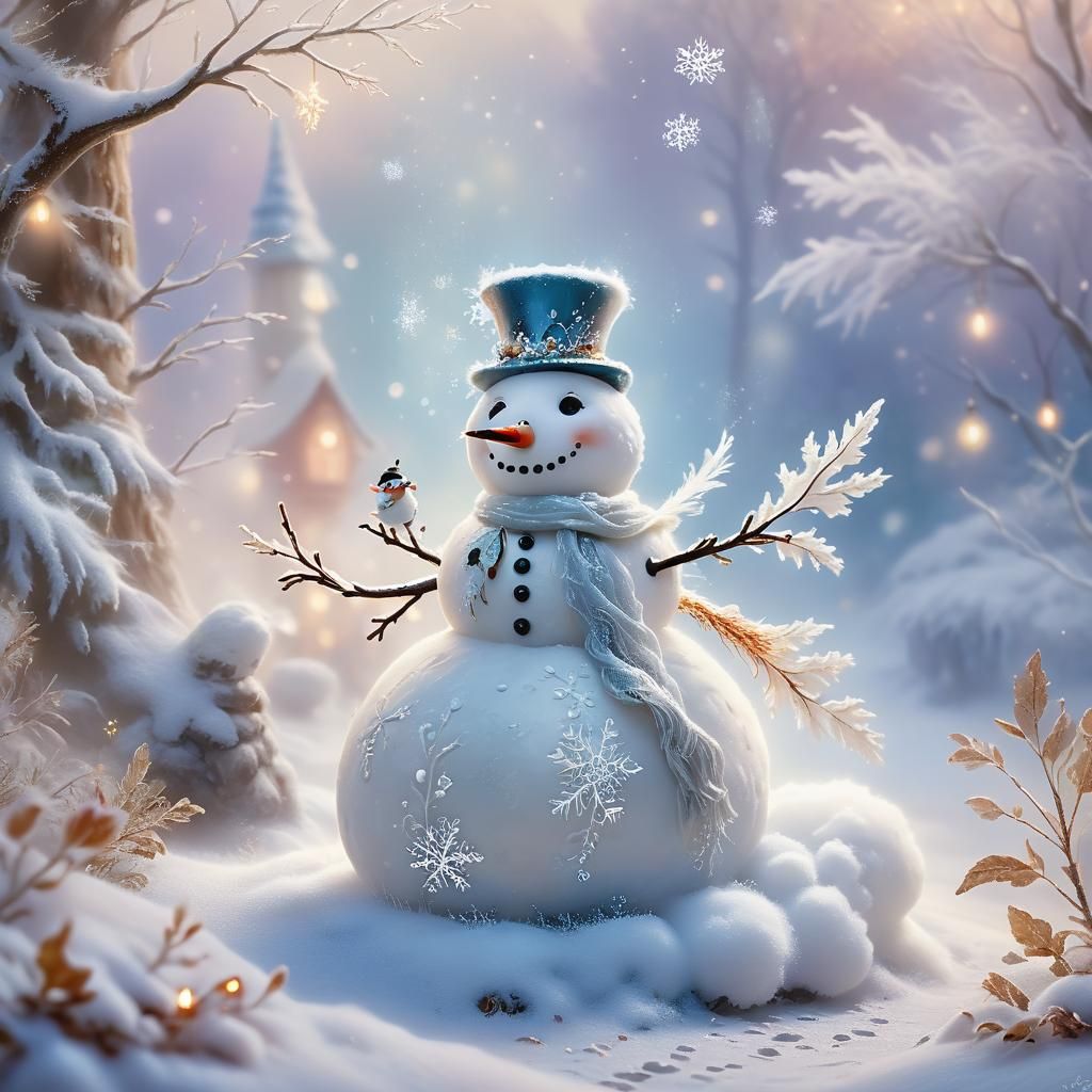 Magical Winter Wonderland: Snowman and Fox in Soft Light
