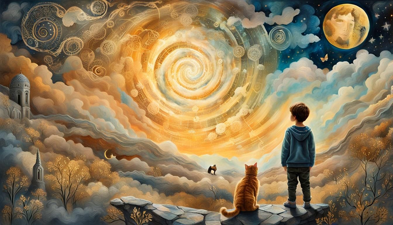 Boy and Cat in Dreamlike Mystical Collage