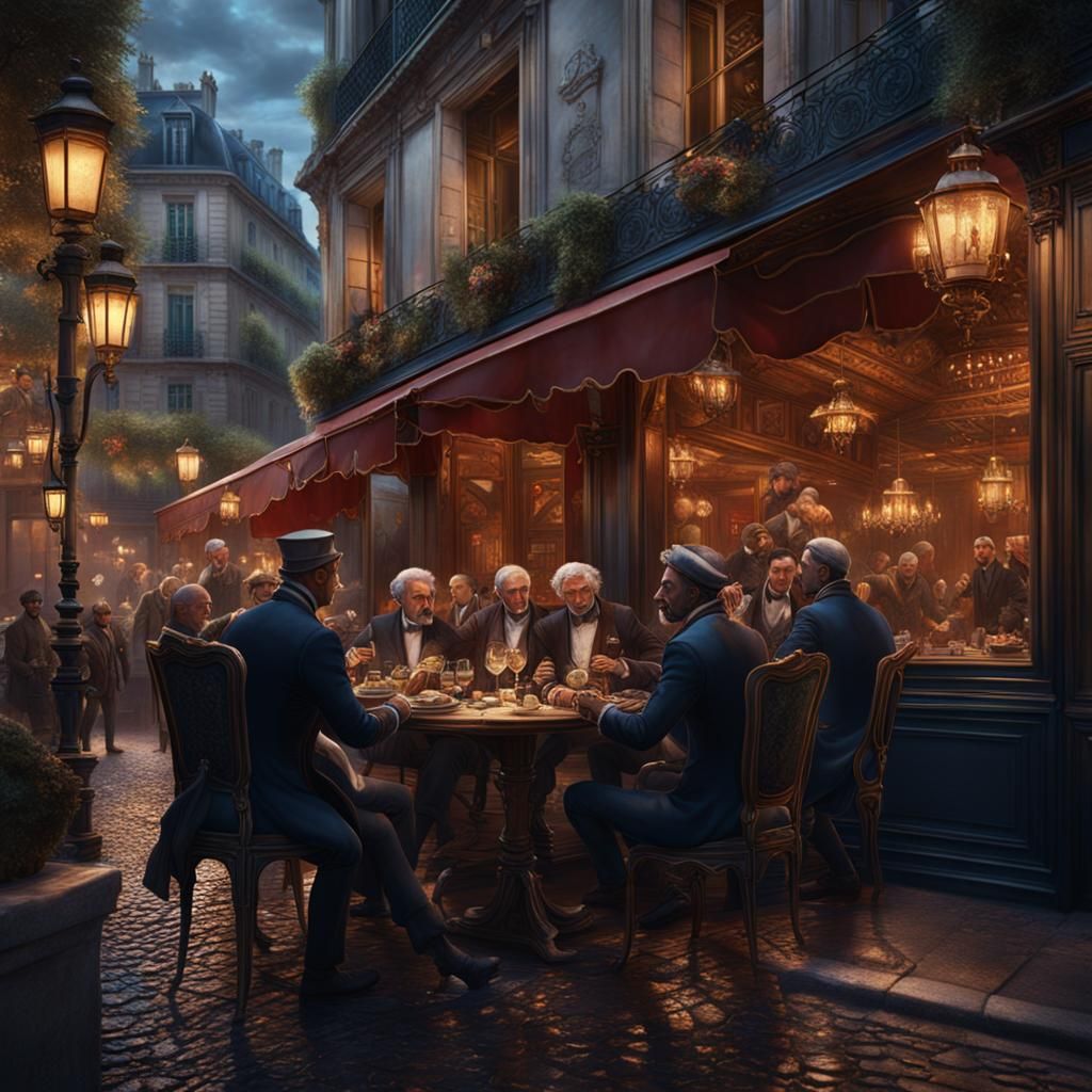 Men Dining in Paris: Detailed Matte Painting