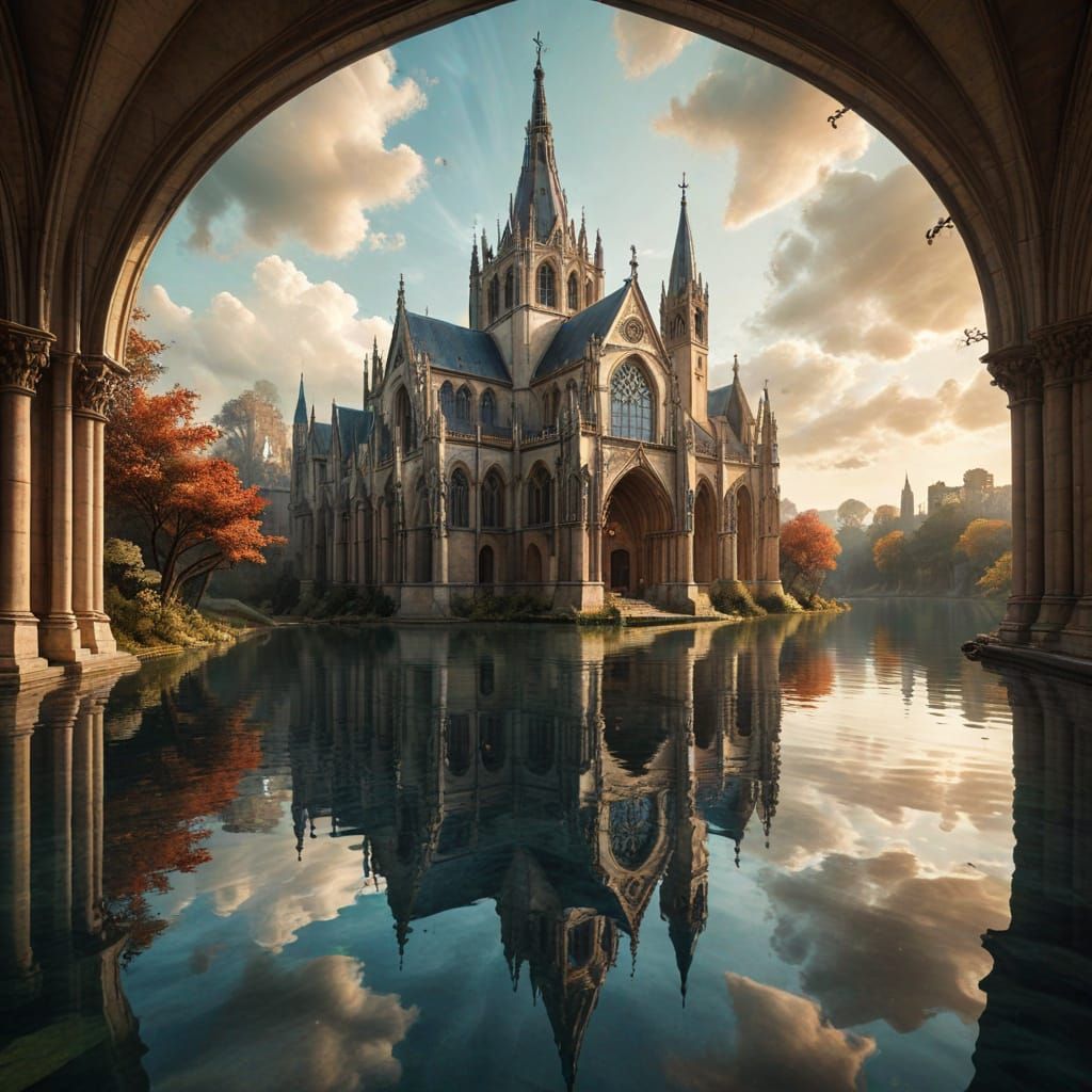 Floating Gothic Cathedral with Stained Glass Reflections