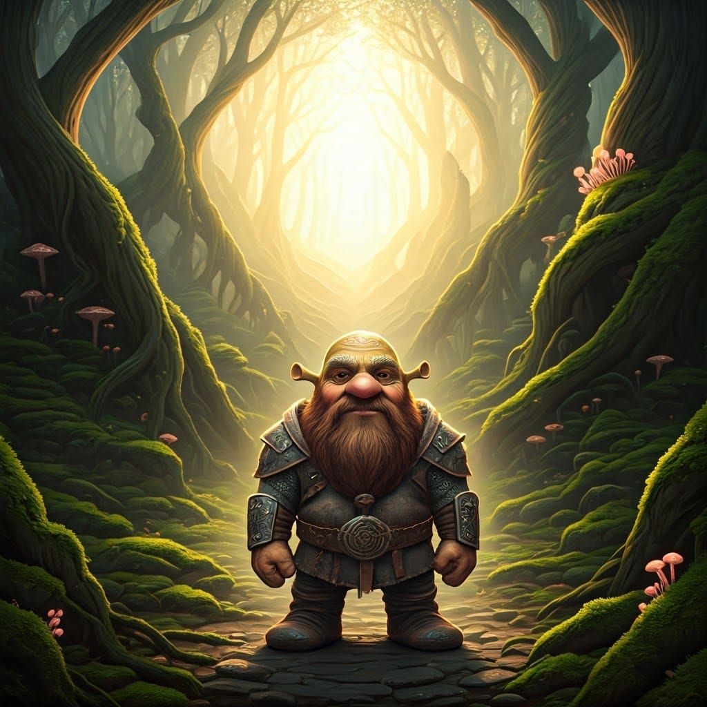 Shrek-like Dwarf in Mystical Forest Landscape