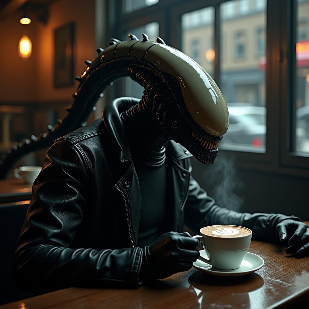 Xenomorph drinking a latte