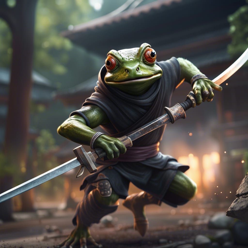 Ninja frog with in ninja clothes and weapons in training grounds attacking opponent, hyperrealism, HDR, Unreal Engine 5,...