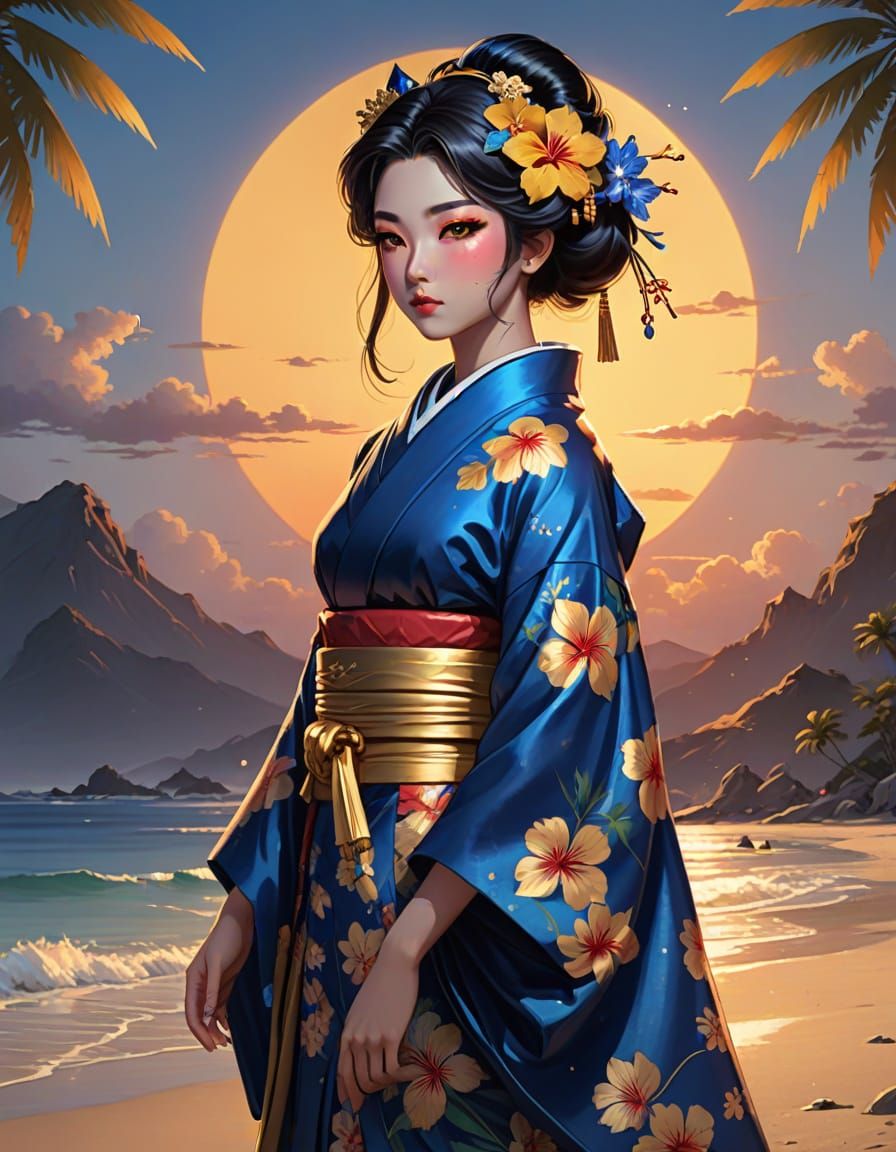 Tropical Geisha with Hibiscus, in Anime Style