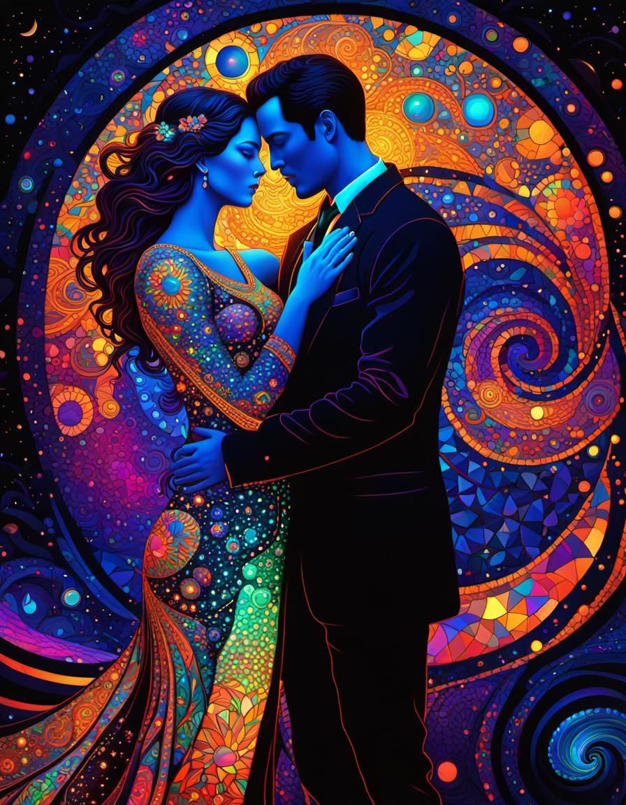 Embracing Couple in Abstract Mosaic Style